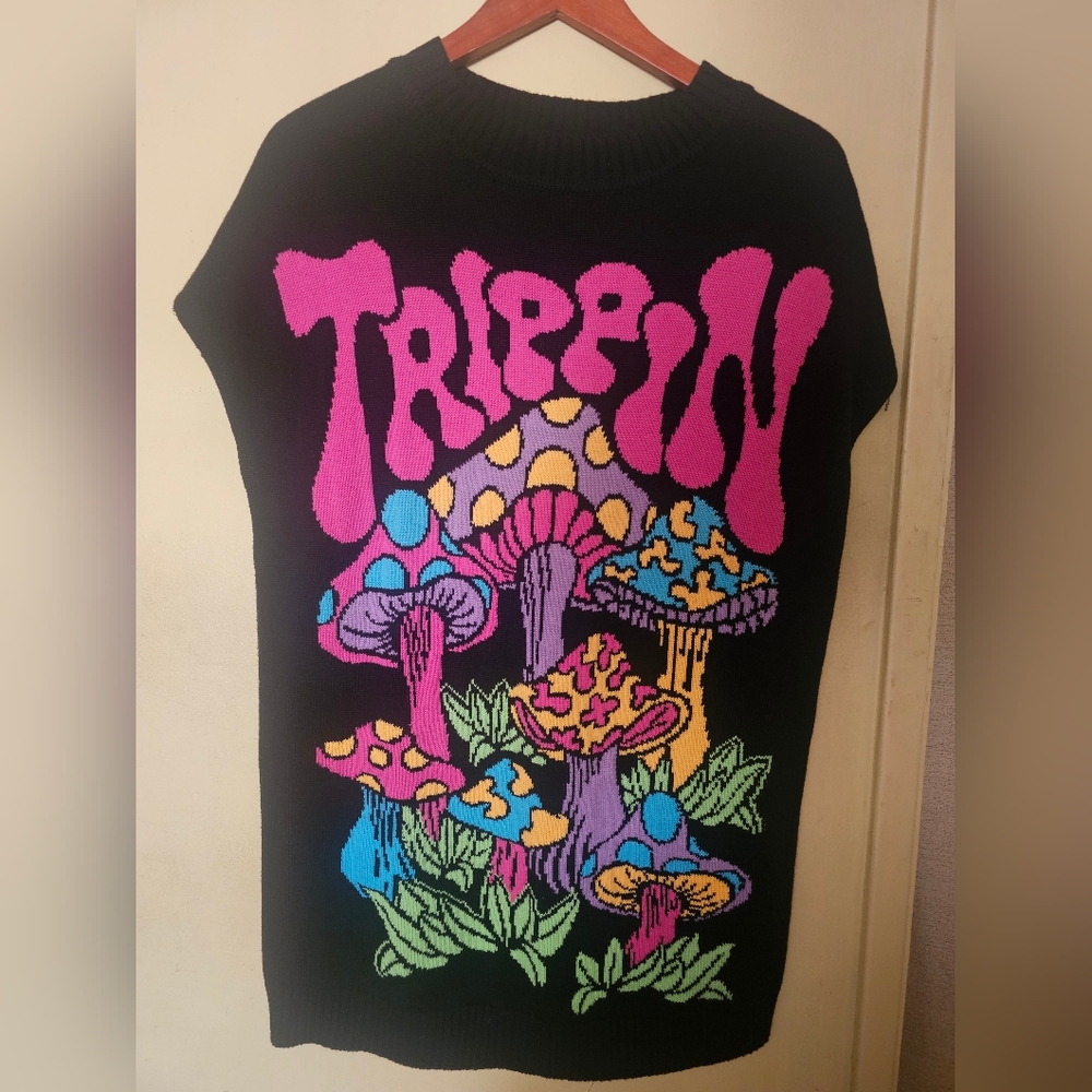 Current Mood Black Sweater with Colorful Mushroom Design